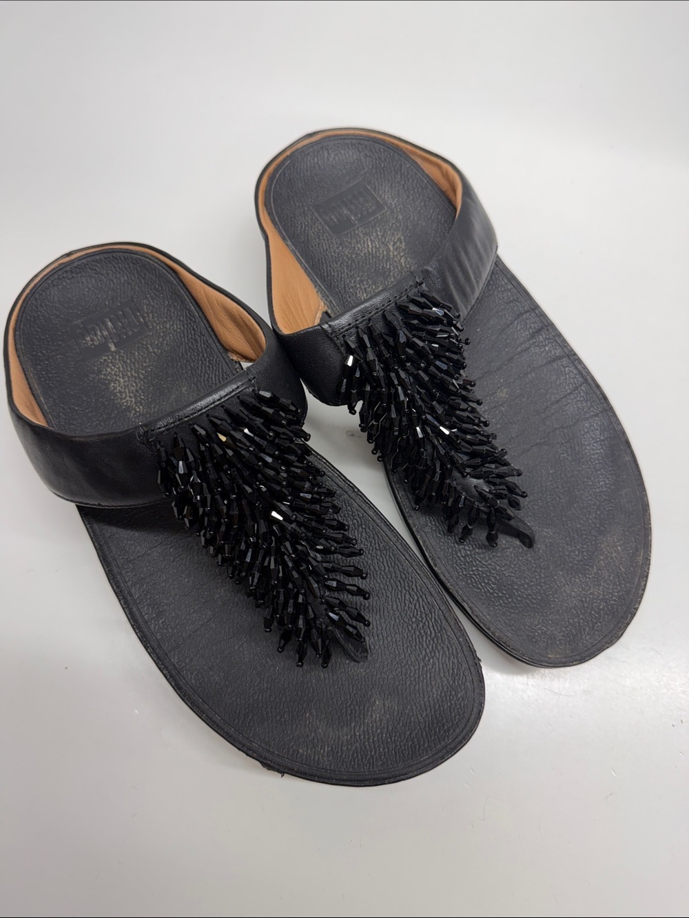 FitFlop Rumba Beaded Metallic Toe Post Wedge Sandals Flops Shoes Black Size 5